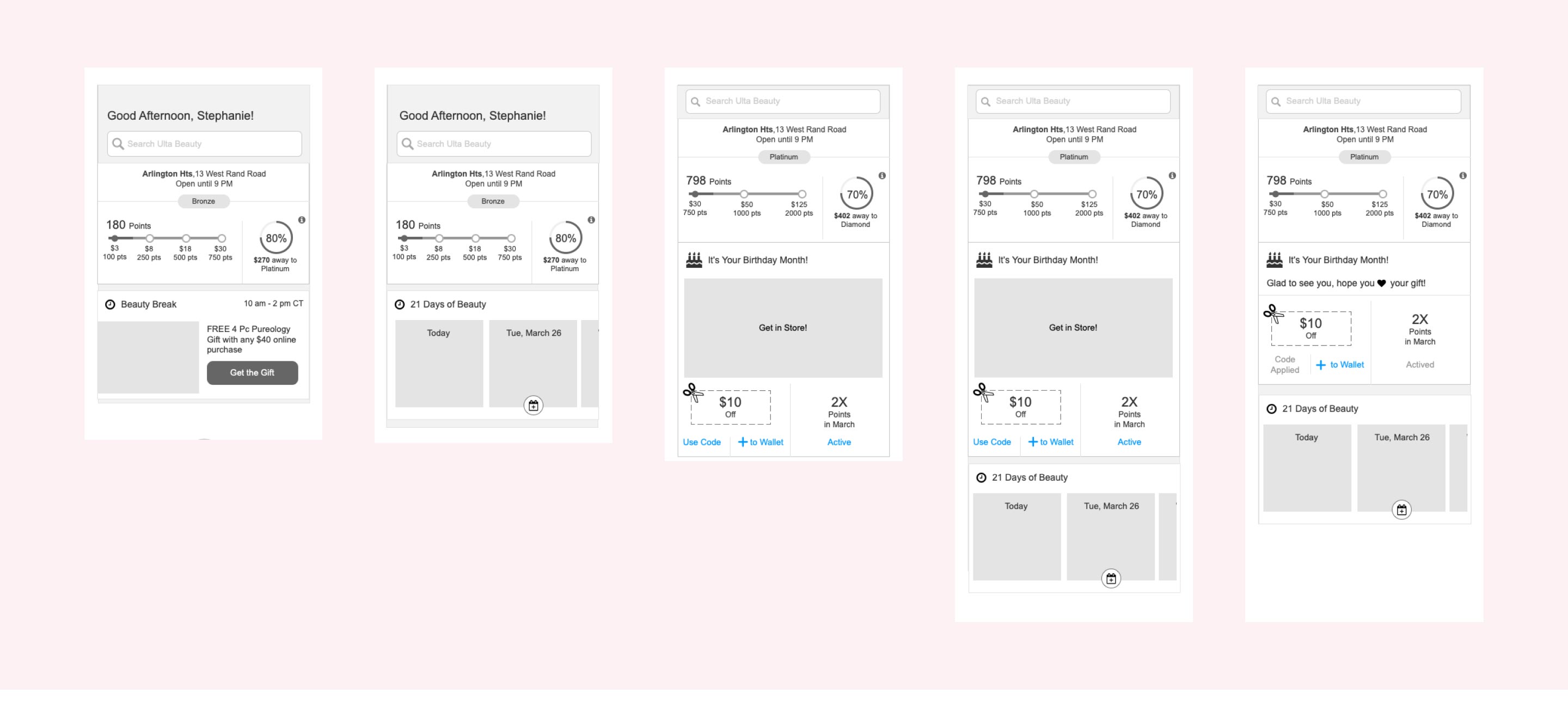 Set of wireframes used in testing and ideating homepage